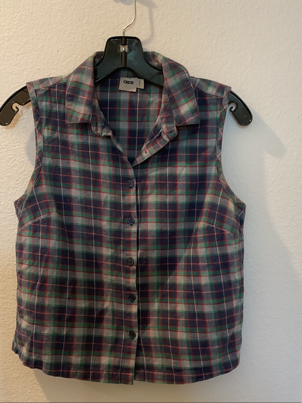 ASOS Plaid Sleeveless Button-Down Shirt in Navy, Green & Red